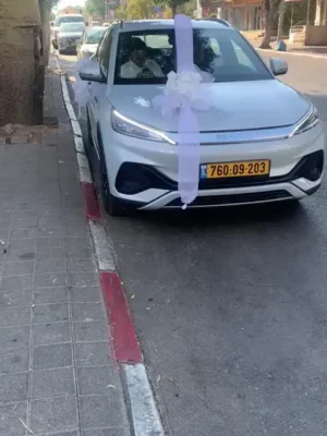 קישוט רכב ברחובות – סרט טול לבן אנכי עם פפיון מרכזי, סידור רכב חתונה אלגנטי על שפת המדרכה