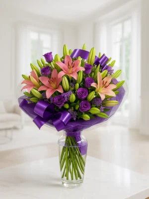 זר פרחים "טקסס" – ליליות ורודות וליזיאנטוס סגול בעיצוב מלכותי